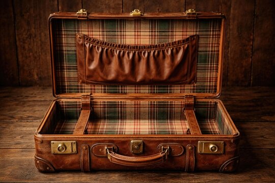 Antique brown leather luggage with plaid interior displayed in planar perspective