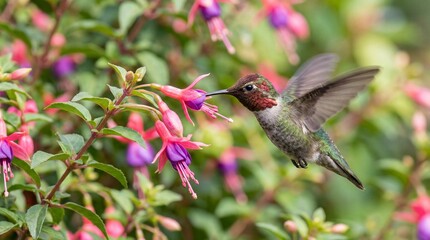 Obraz premium Hummingbird hovering feeding on vibrant fuchsia flowers in garden
