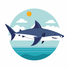 Fototapeta premium Stylized illustration of a great white shark swimming in the ocean under a sunny sky