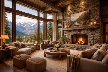 Naklejka premium Generous room design with soaring windows and a rustic fireplace framing panoramic mountain views