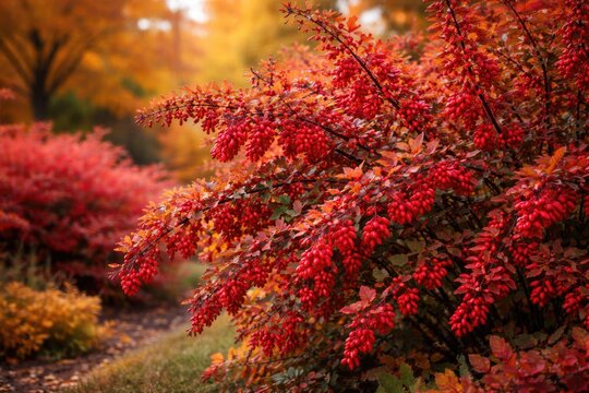 Thunberg berberis bushes bearing ripe red barberries in a fall garden used for ornamental and medicinal purposes