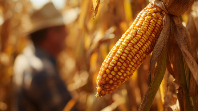 Conceptual close-up of corn textures with person softly visible behind, natural light image for promotion