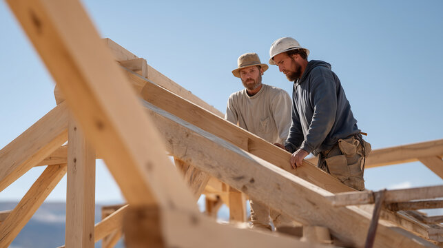 Experienced timber framing crew sets the final king post of a complex scissors truss into its peak connector plate, two workers on scaffold planks at gable height steadying the member while a projec
