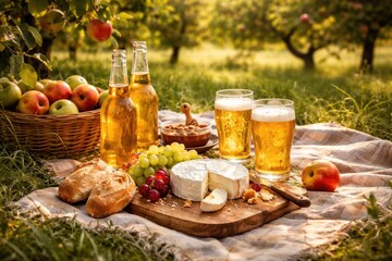 Naklejka premium Relaxing summer day with orchard apples crisp apple cider and creamy cheese on grass