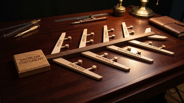 Wooden fishbone diagram for problem statement analysis displayed on a dark desk with office supplies