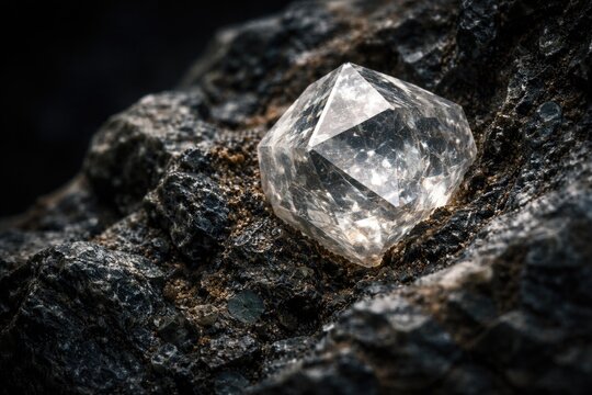 High resolution shot of an uncut diamond in kimberlite host rock with copy space
