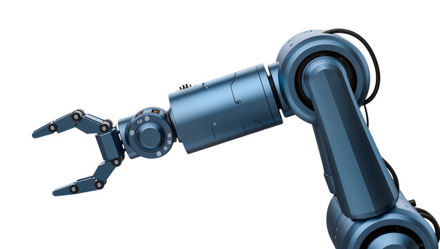 Blue metallic robotic arm with articulated claw, isolated on transparent background