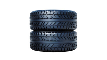 Two stacked black rubber car tires with deep tread patterns, isolated on transparent background © Vasilis