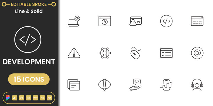 Development icon set with coding, programming, software, web and app development symbols modern outline vector collection