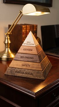 Maslow's Hierarchy of Needs pyramid model on a wooden desk, illustrating human motivation and psychological theory in a professional or educational setting