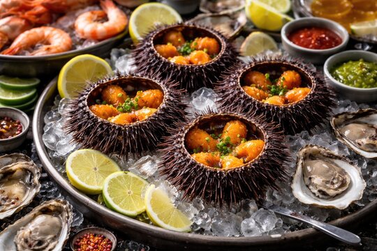 Seafood elements including sea urchins presented in a gastronomic context