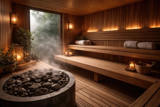 Wellness focused cozy sauna with steam stones and natural wood benches for comfort