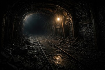 Fototapeta premium Silent coal mine passage bathed in haunting lighting alongside copy space