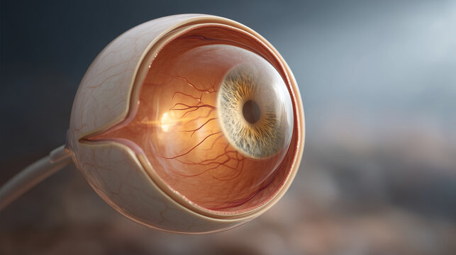 Anatomical illustration of the human eye in cross-section labeling cornea, iris, lens, vitreous humor, retina, optic nerve, and macula with clinical precision for ophthalmology education, optometry 