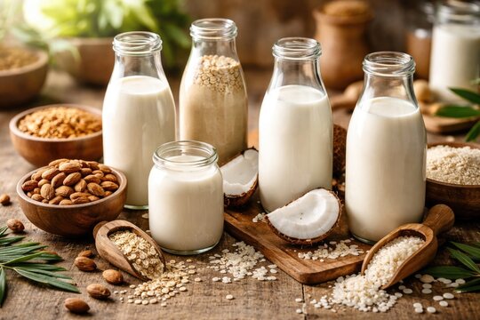 Range of vegan milk options including almond oat coconut and rice milk types