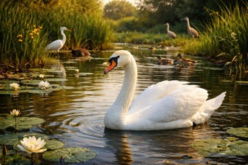 Obraz premium Wildlife conservation highlighted by a swan in a diverse aquatic environment