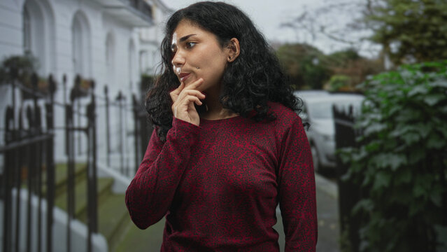 Young arab brunette woman hand on chin on street near iron railings and parked car wearing red sweater; pensive reflection.