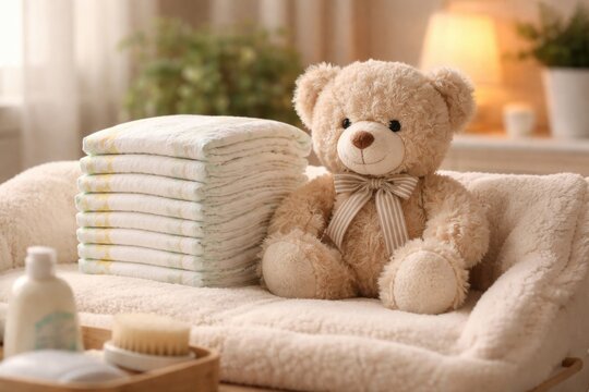 Cozy infant environment showing a carefully arranged diaper stack and plush teddy bear