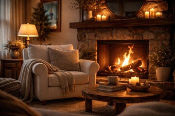 Naklejka premium Warm living room setup with white armchair and flickering flames