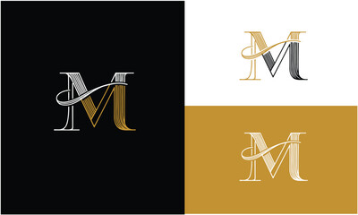 Stylized Letter M Logo in Black, White, and Gold Color Schemes © Rakha