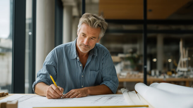 senior male architect sketching freehand building elevation at drafting table beside large studio window, parallel ruler and set square nearby, scale model under construction at table edge, urban de