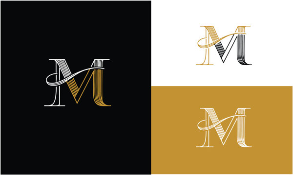 Stylized Letter M Logo in Black, White, and Gold Color Schemes