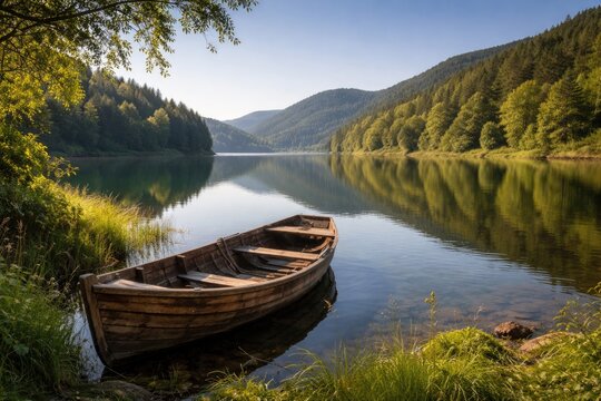Relaxing lake panorama with a rustic wooden boat nestled among dense greenery and smooth hills under a cloudless sky