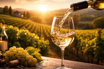 Naklejka premium White wine pouring into a glass in front of a radiant vineyard landscape with text space