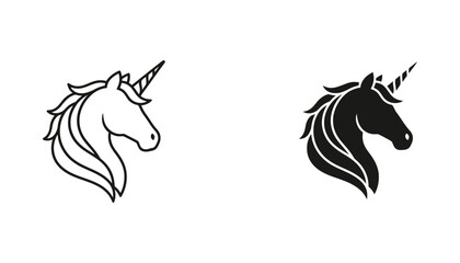 Minimalist mythical unicorn head outline and solid black silhouette icon fantasy creature symbol magic and purity © Azure