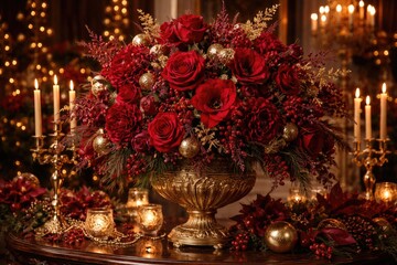 Naklejka premium sophisticated cherry red baroque holiday floral arrangement