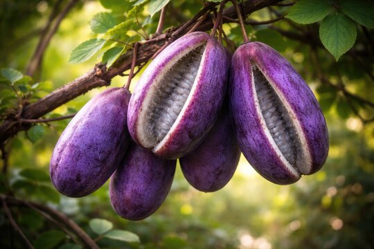 Purple Akebia quinata fruits in natural outdoor setting