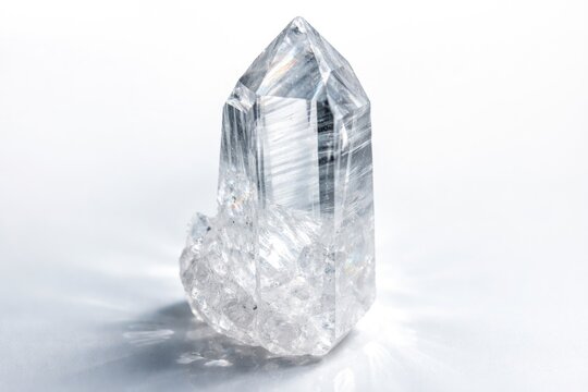 Macro photography of clear Lemurian quartz on plain white background