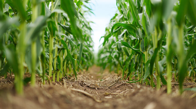 Corn maze pathways cutting through tall green corn plants, ground-level view, natural daylight