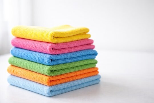 Multi colored microfiber cloths stacked on clean white surface with copy space