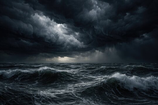 Moody dark storm clouds rolling over choppy sea natural scene background