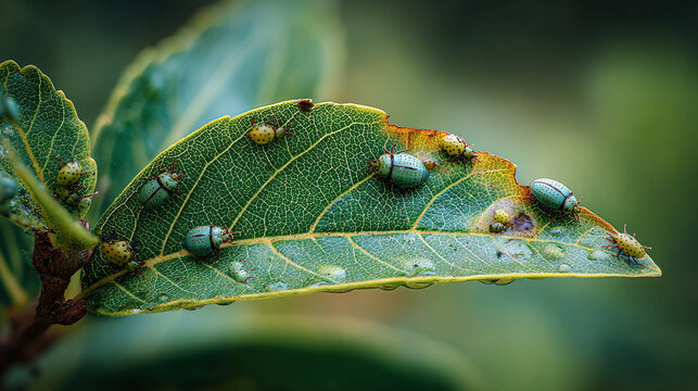 detailed macro shot of insect damaged foliage with aphid infestation and natural green texture suitable for agriculture awareness themes