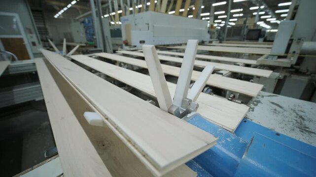 Close-up of an automated production line with timber slats in motion within a modern wood processing facility