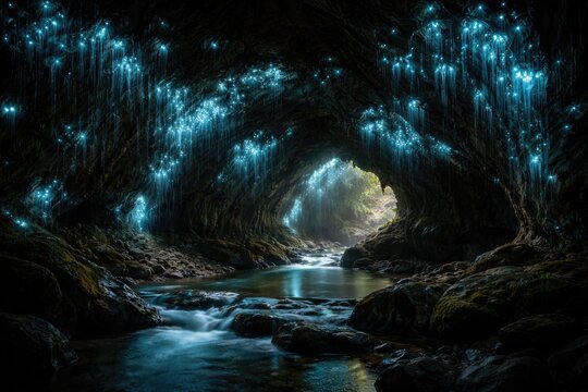 Spectacular natural glow worm illumination in remote cave systems