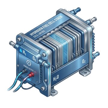 Industrial Hydrogen Fuel Cell Stack Diagram with Water and Oxygen Flow Callouts