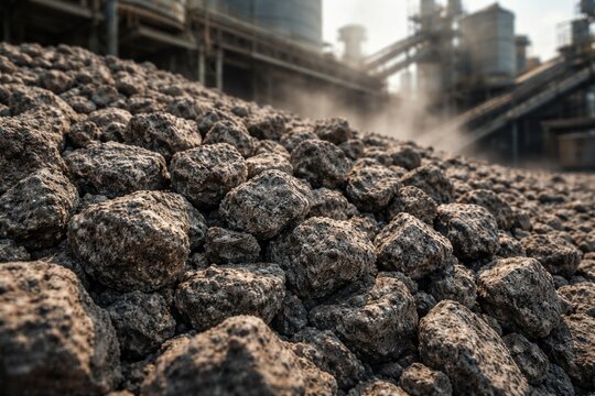 Close perspective on raw clinker stones arranged at cement processing plant