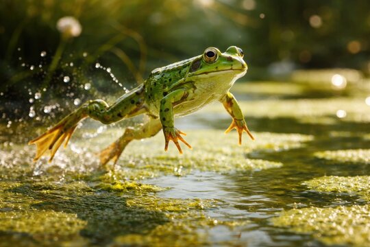 Playful green frog captured in detail while hopping through algae pond