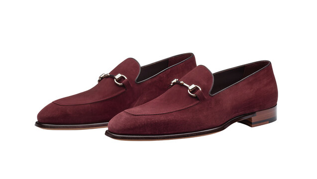 Burgundy suede loafers with silver horsebit detail, isolated on transparent background