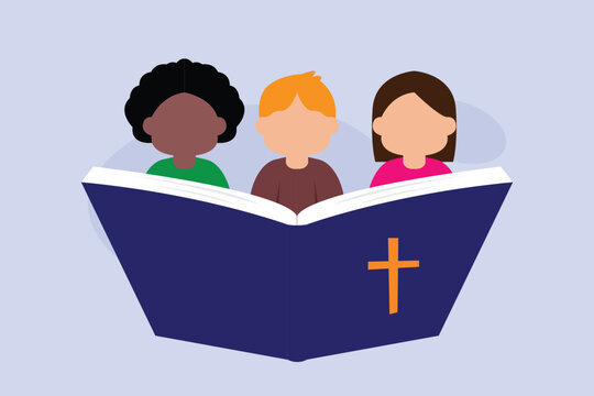 Group of Diverse Children Reading the Holy Bible for Sunday School and Education 2d flat vector illustration