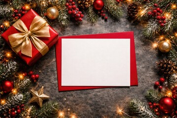 Naklejka premium Red decorated Christmas card mockup with gift box on textured surface ideal for festive greeting designs