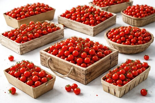 Small red Tomberry tomatoes showcased in different crate layouts with white background