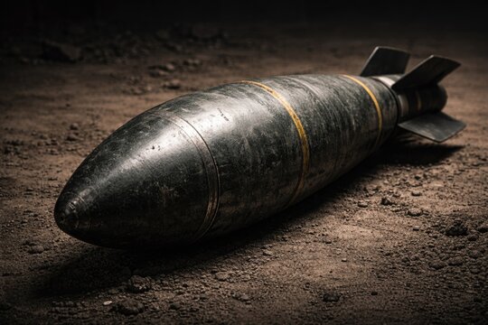 Military ordnance bomb featuring iron shell in closeup and copy space