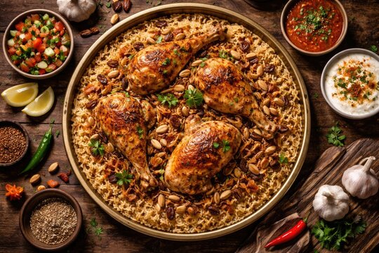 Flat lay of a traditional chicken kabsa meal including flavorful rice and moist chicken pieces adorned with crunchy nut toppings