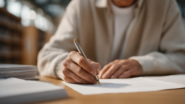 AI voice cloning ethics researcher annotating transcripts at a library reading table, policy documents and audio spectrogram printouts stacked alongside a legal pad filled with consent framework not