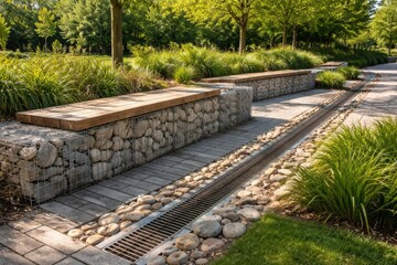 Fototapeta premium Dry stone gabion walls combined with wooden seating and effective water drainage system in park setting