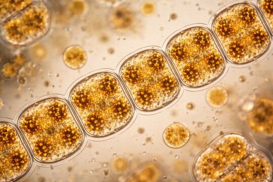 Magnified view of Lugol stained marine phytoplankton diatom Lauderia species